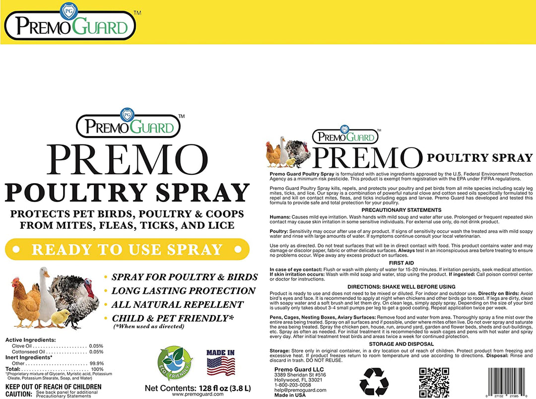 Spray para aves de corral de 128 oz - Totalmente natural, no tóxico - A base de plantas, totalmente natural, no tóxico - Por Premo Guard