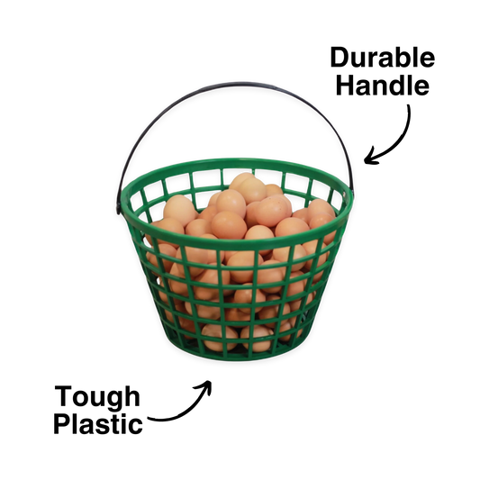 Green plastic egg basket set by HenGear, includes small (holds 2-3 dozen eggs) and large (holds 10-12 dozen eggs) sizes.
