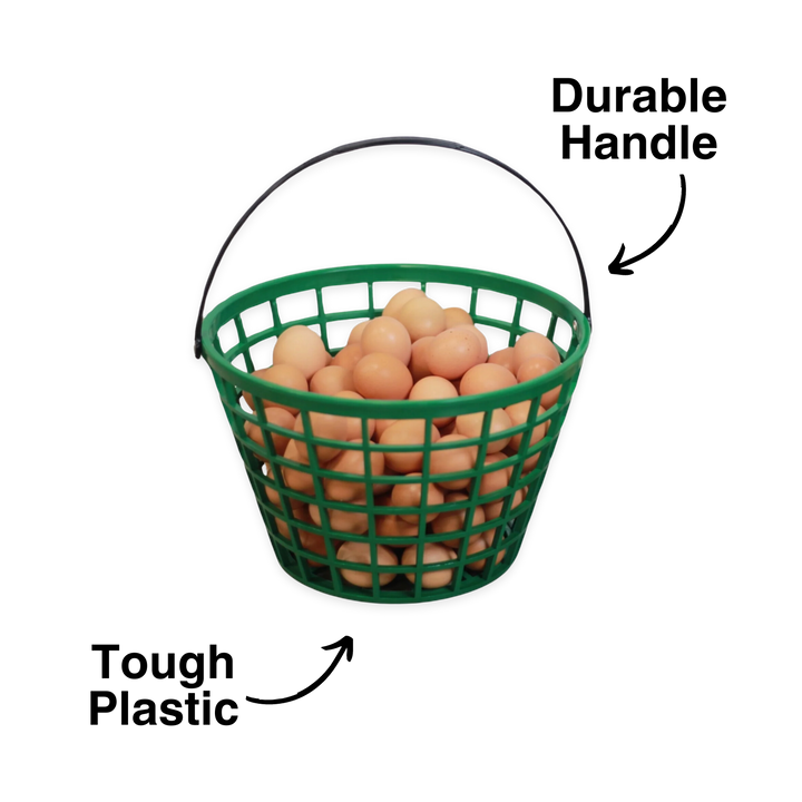 Green plastic egg basket with durable handle, designed for gathering eggs, featuring a spacious mesh design.