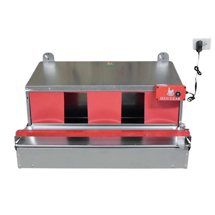 Metal automatic nest box opener in red and silver by HenGear with three access openings and power cord.