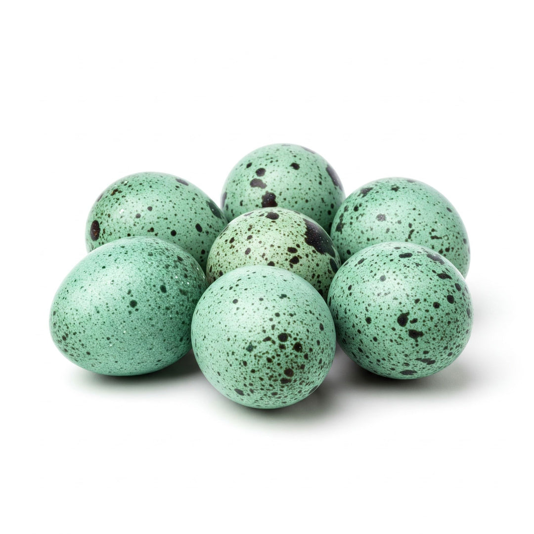 Celadon Coturnix quail hatching eggs in blue shell with speckles, high fertility, available in various egg counts.