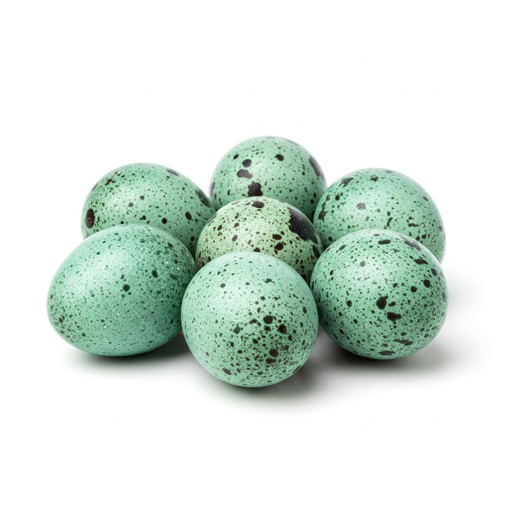 Celadon Coturnix quail hatching eggs in blue shell with speckles, high fertility, available in various egg counts.