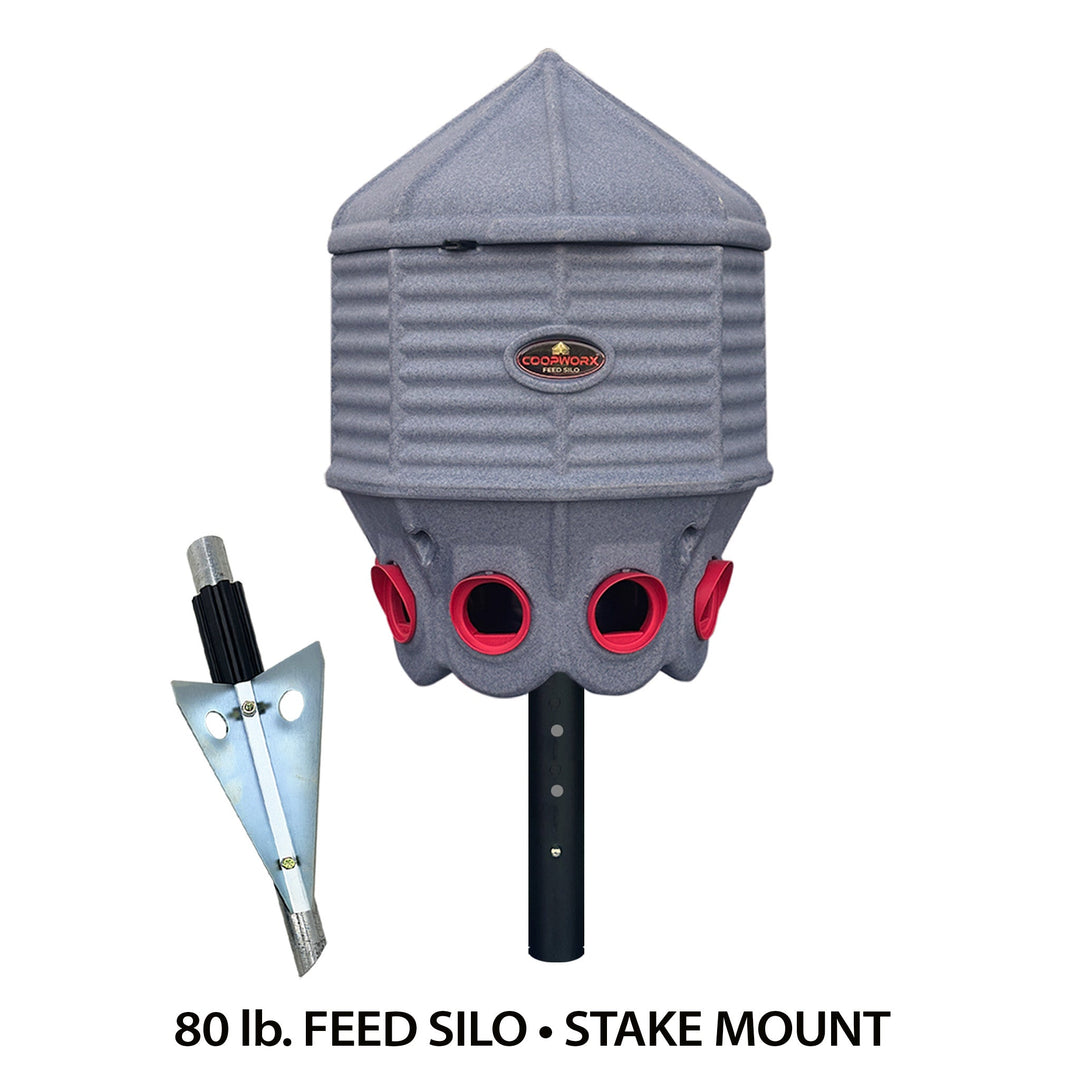 CoopWorx adjustable-height 80 lb. feed silo with 4 legs for backyard chickens