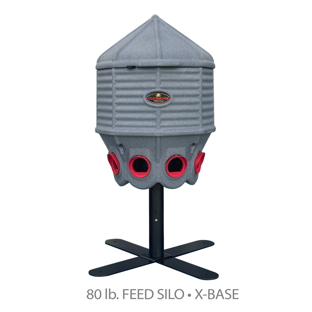 CoopWorx adjustable 80 lb. feed silo with four legs for backyard chickens