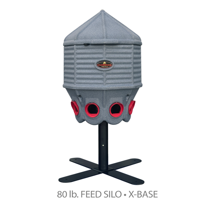 CoopWorx adjustable 80 lb. feed silo with four legs for backyard chickens