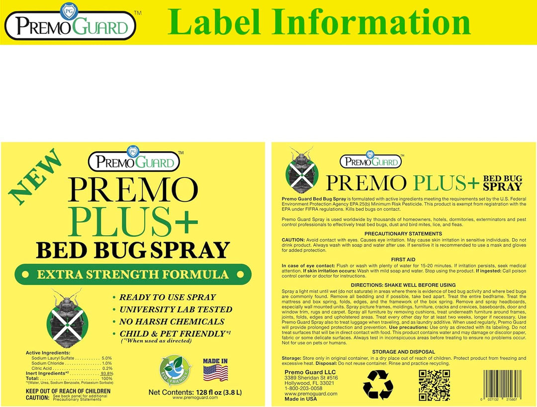 Premo Bed Bug Plus - 128 oz - Totalmente natural, no tóxico - Premo Guard