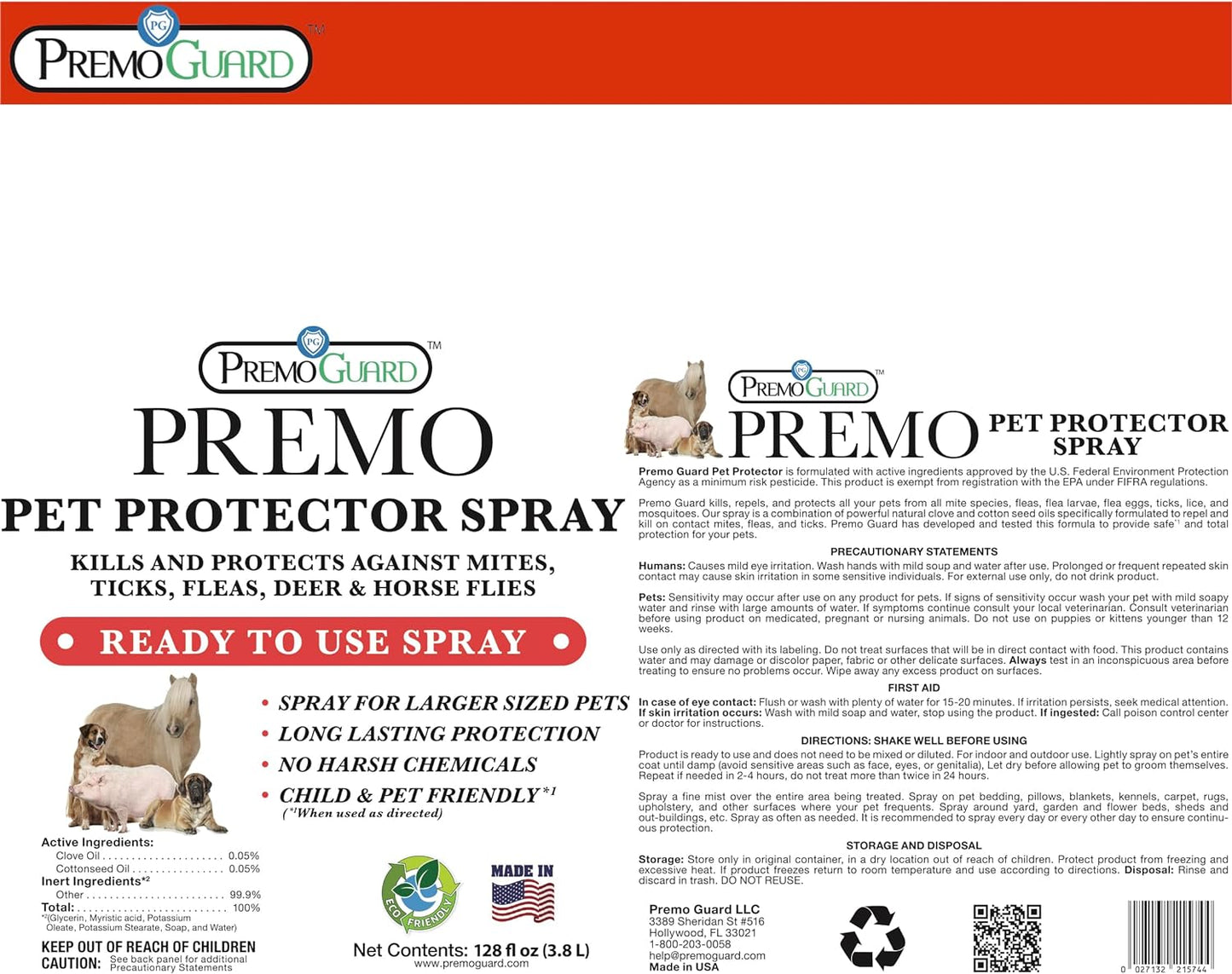 Premo Guard Natural Pet Protector Spray 128oz - Flea & Tick