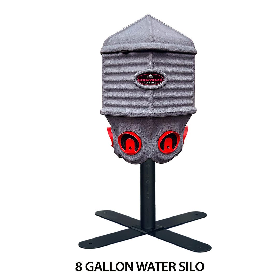CoopWorx stainless steel 8-gallon water silo with 6-port nipples, autofill compatible, X-base style