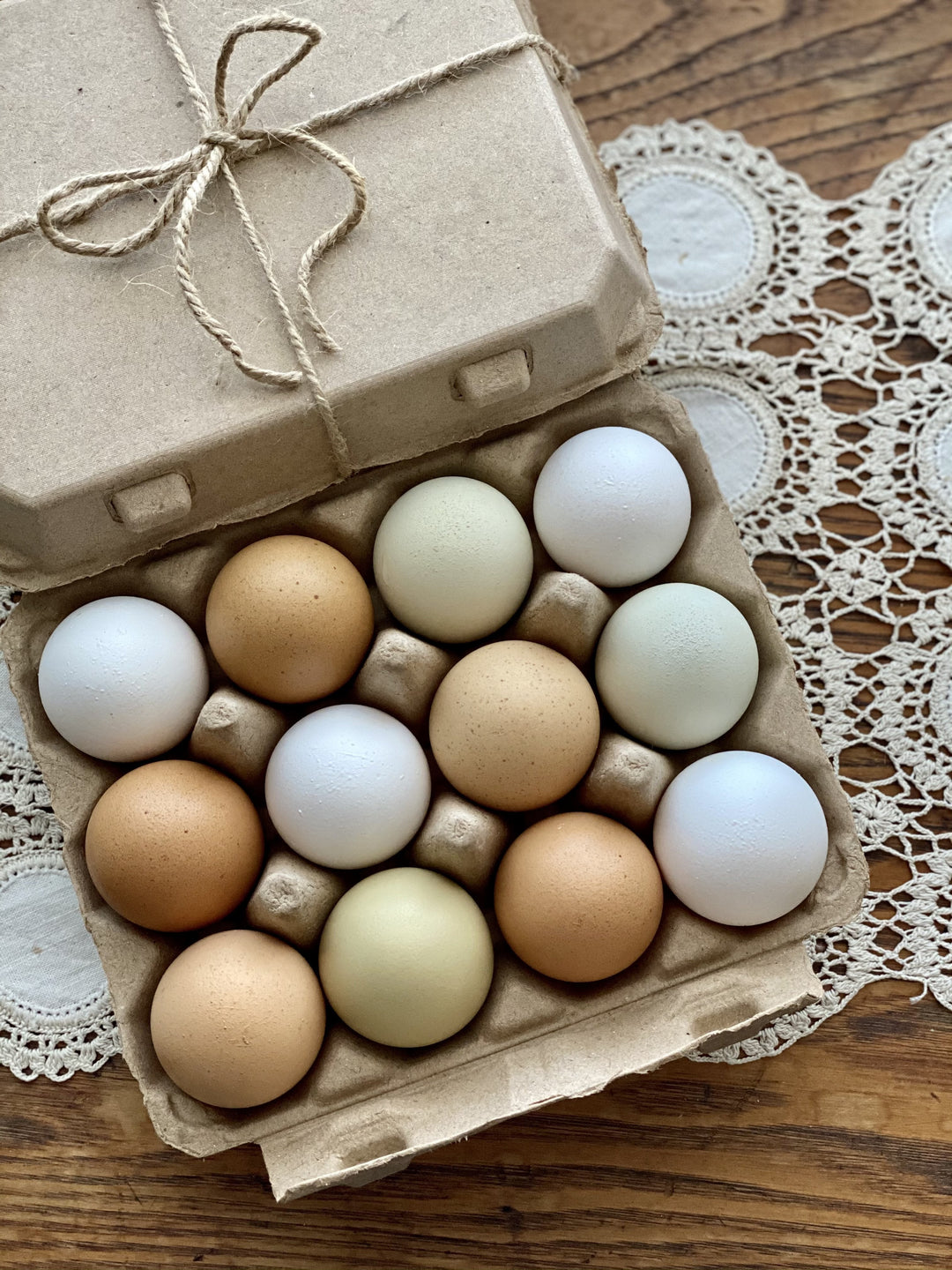 Tan and white vintage cardboard egg cartons, 3x4 design, by My Pet Chicken, available in packs of 25, 65, or 200.