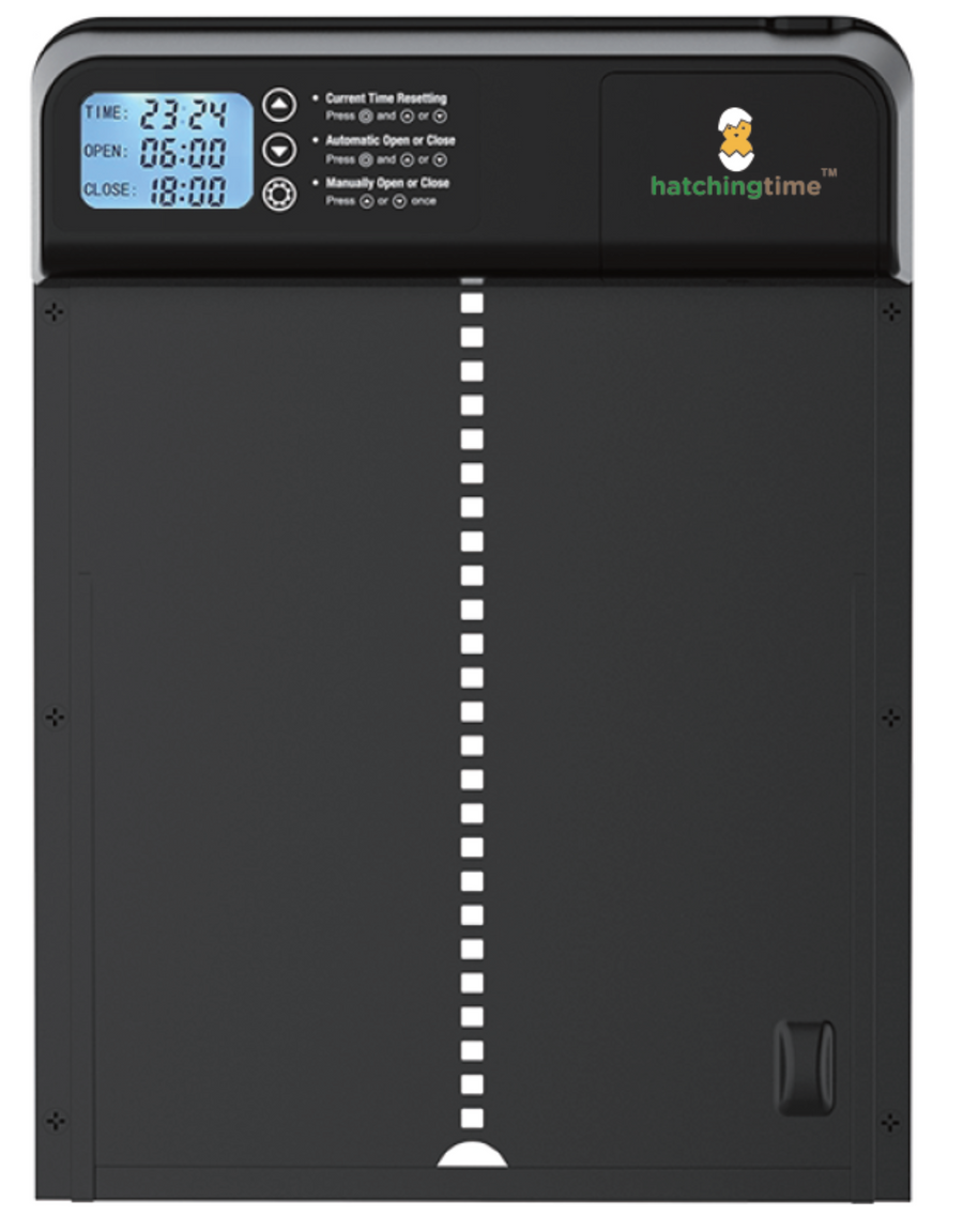 Weatherproof aluminum chicken coop door timer with anti-trap safety feature, by Hatching Time