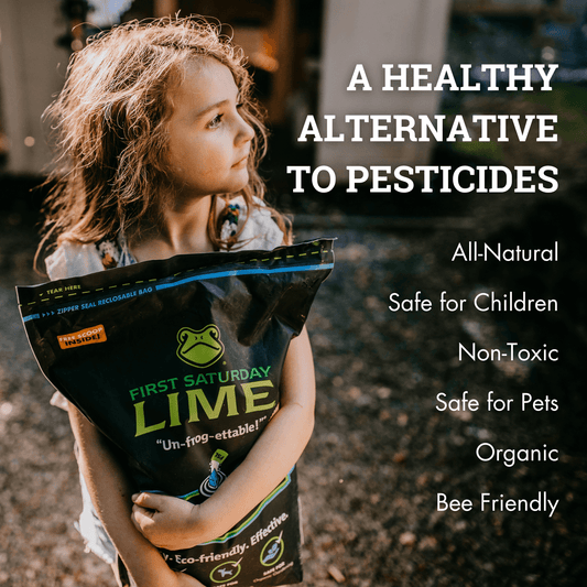 First Saturday Lime Safe Natural Insect Repellent in 20-pound and 5-pound bags, eco-friendly and chemical-free.