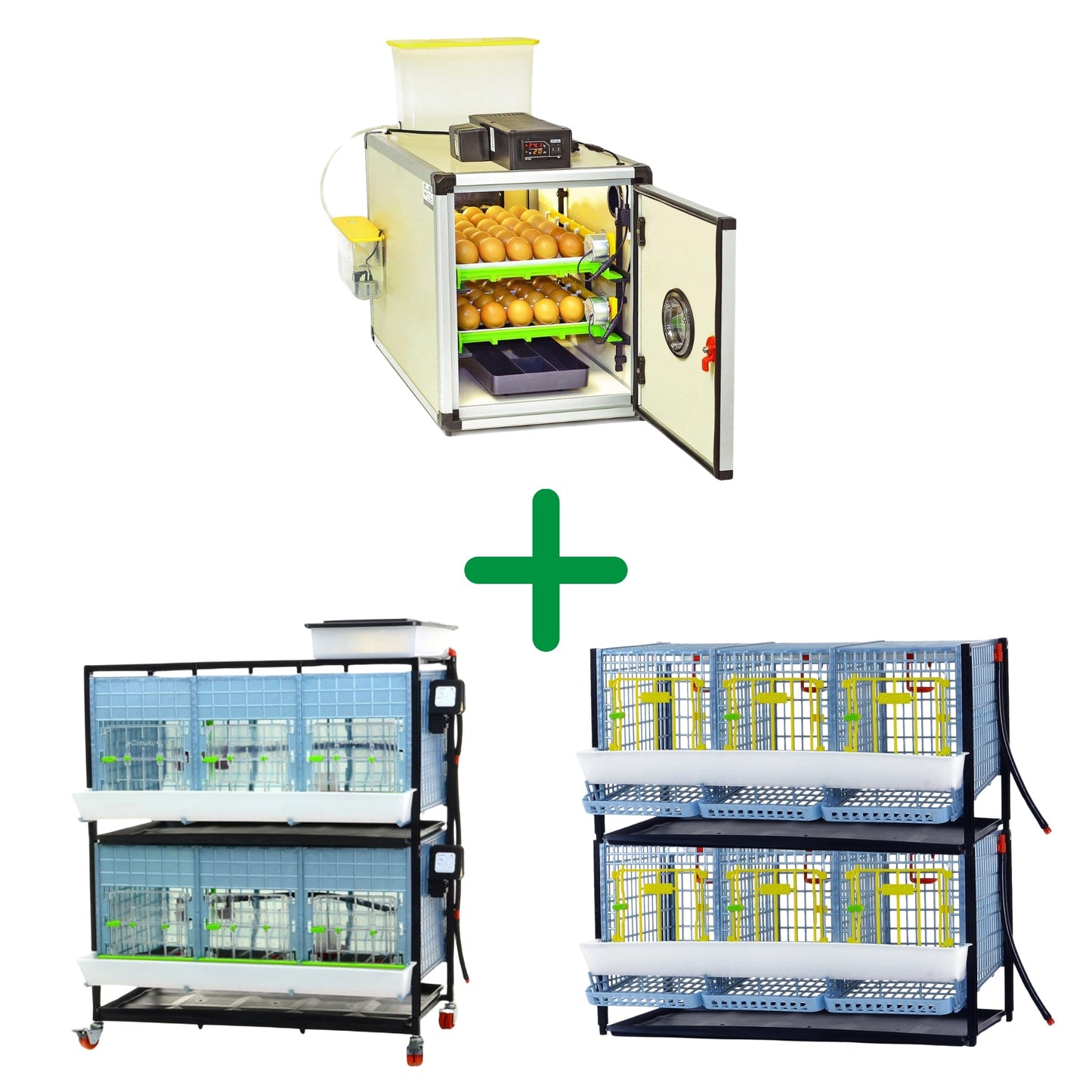 White semi-pro chicken breeding kit with automatic egg turner and brooder cage features by Hatching Time