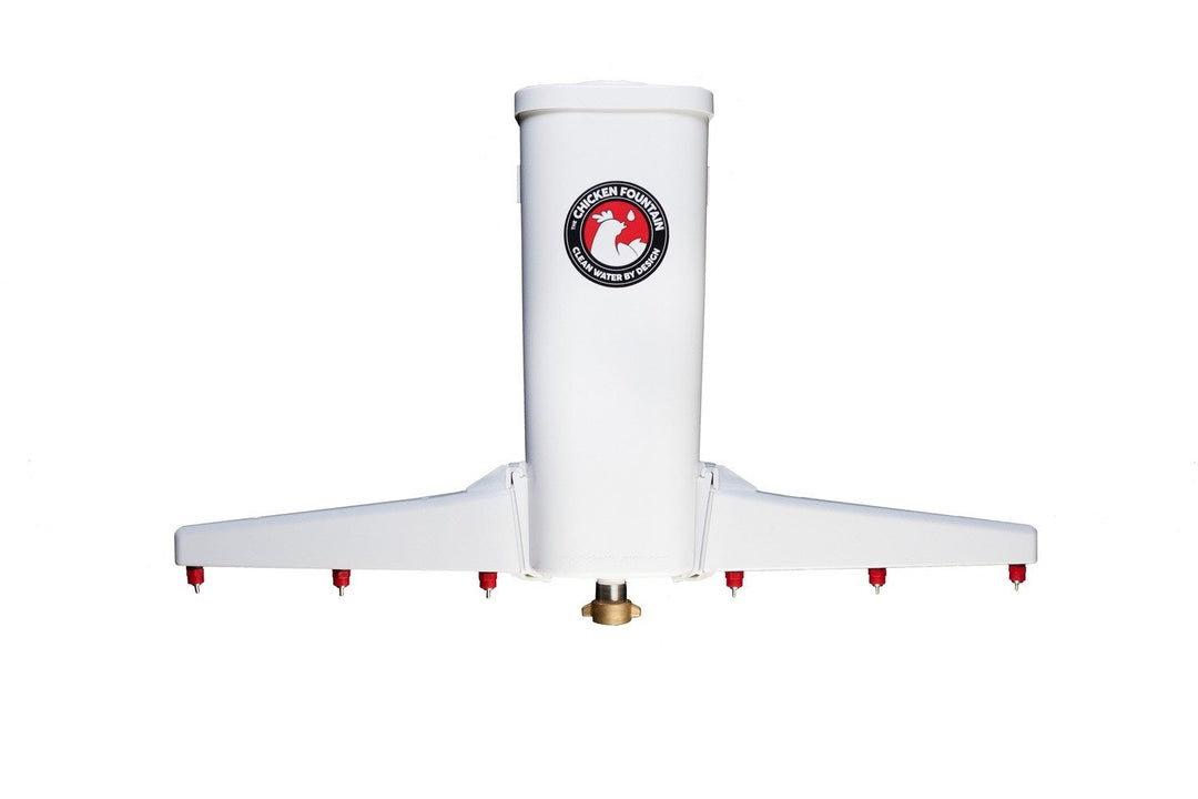 Automatic white chicken waterer with adjustable nozzles and brand logo from The Chicken Fountain.