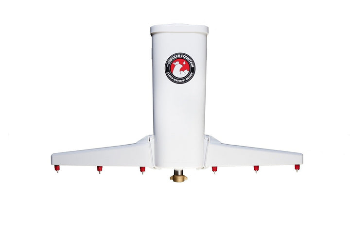 Automatic white chicken waterer with adjustable nozzles and brand logo from The Chicken Fountain.