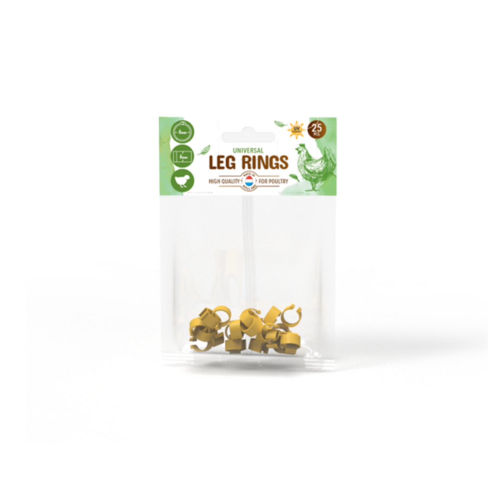 Pack of 25 yellow durable 6mm polypropylene poultry leg bands for bird identification and breeding.