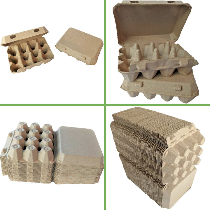 Tan and white cardboard egg cartons featuring a 3x4 design, available in 25, 65, or 200 packs by My Pet Chicken.