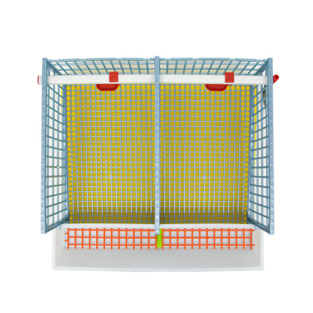 Plastic quail breeding cage with two sections, 10-bird capacity, by Hatching Time, suitable for traditional or jumbo quail.