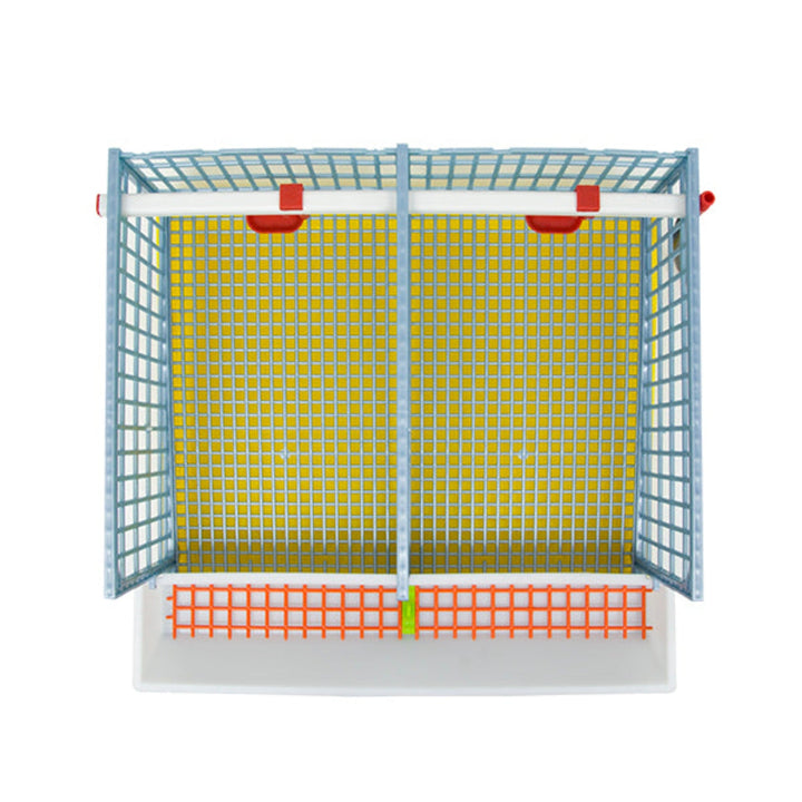 Plastic quail breeding cage with two sections, 10-bird capacity, by Hatching Time, suitable for traditional or jumbo quail.