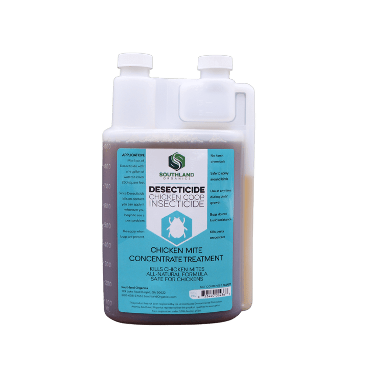 Southland Organics natural insecticide in a quart bottle for poultry, effective against chicken mites and darkling beetles.