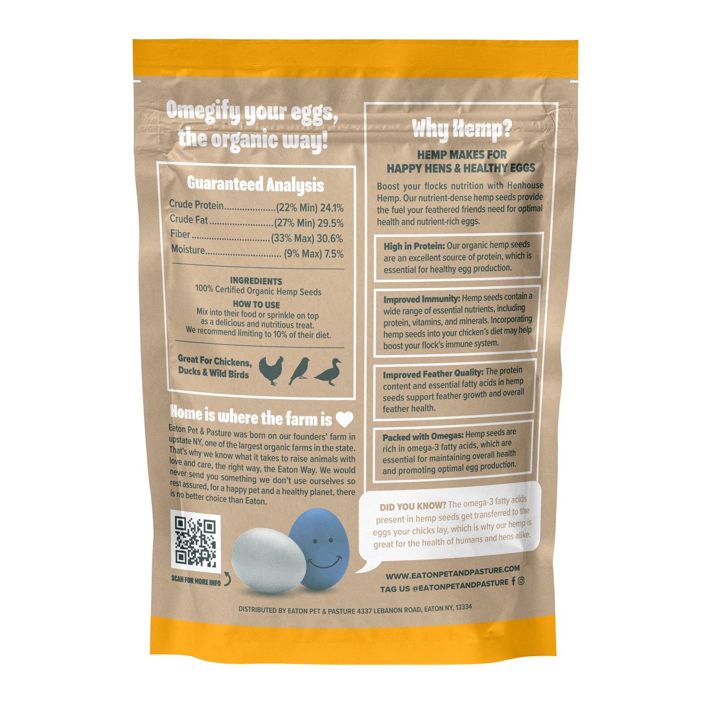 Hemp organic chicken feed supplement by Eaton Pet and Pasture, 4 lb bag with nutritional analysis and natural ingredients.