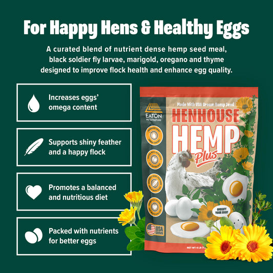 Natural chicken feed supplement with omega-3, featuring hemp and black soldier fly larvae, by Eaton Pet and Pasture.