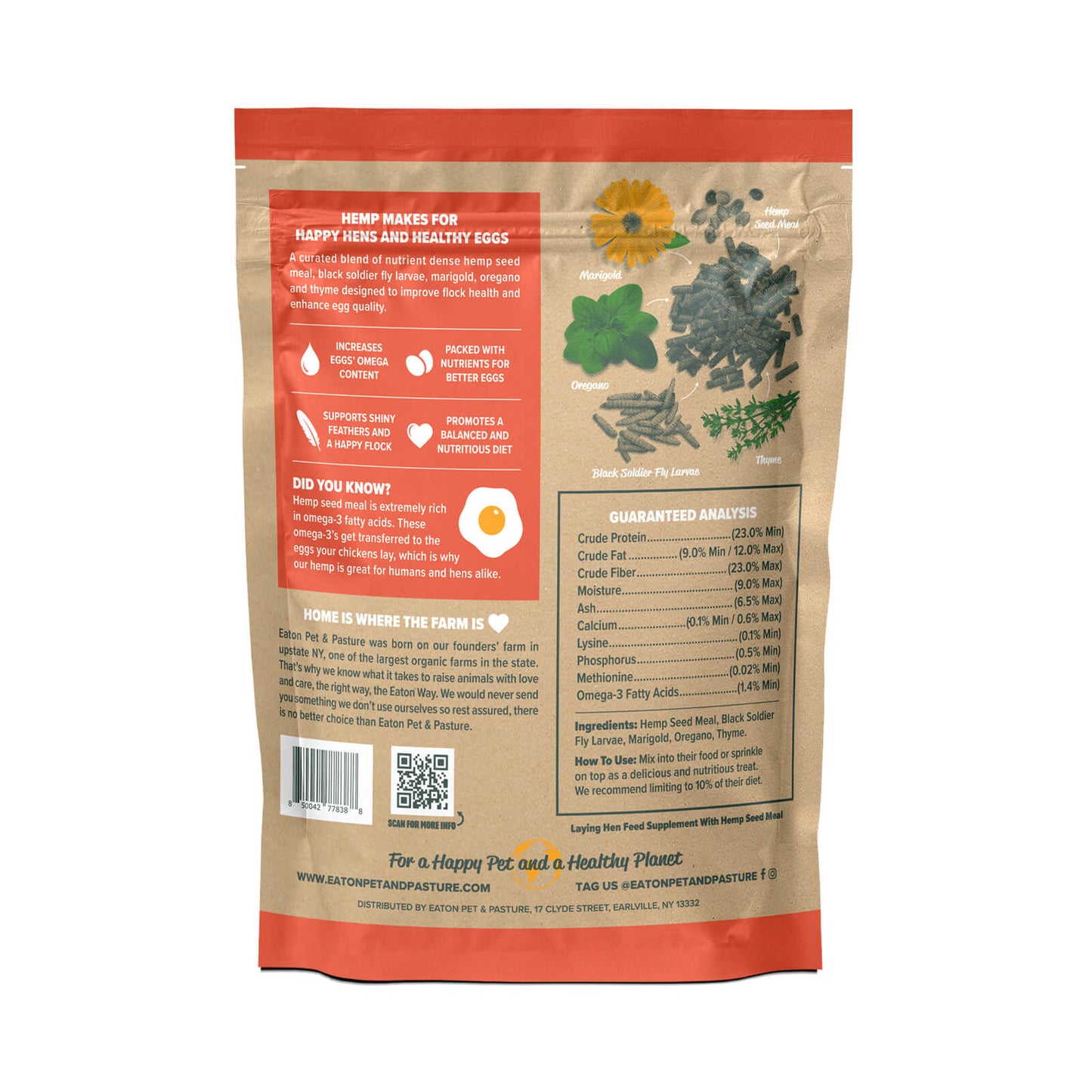 Natural hemp chicken feed supplement with Omega-3, featuring black soldier fly larvae, by Eaton Pet and Pasture.