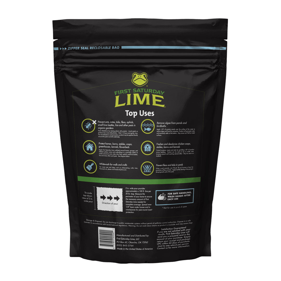 Two 20lb bags of First Saturday Lime and one 10ml eco-friendly insect repellent spray for chicken coop maintenance.