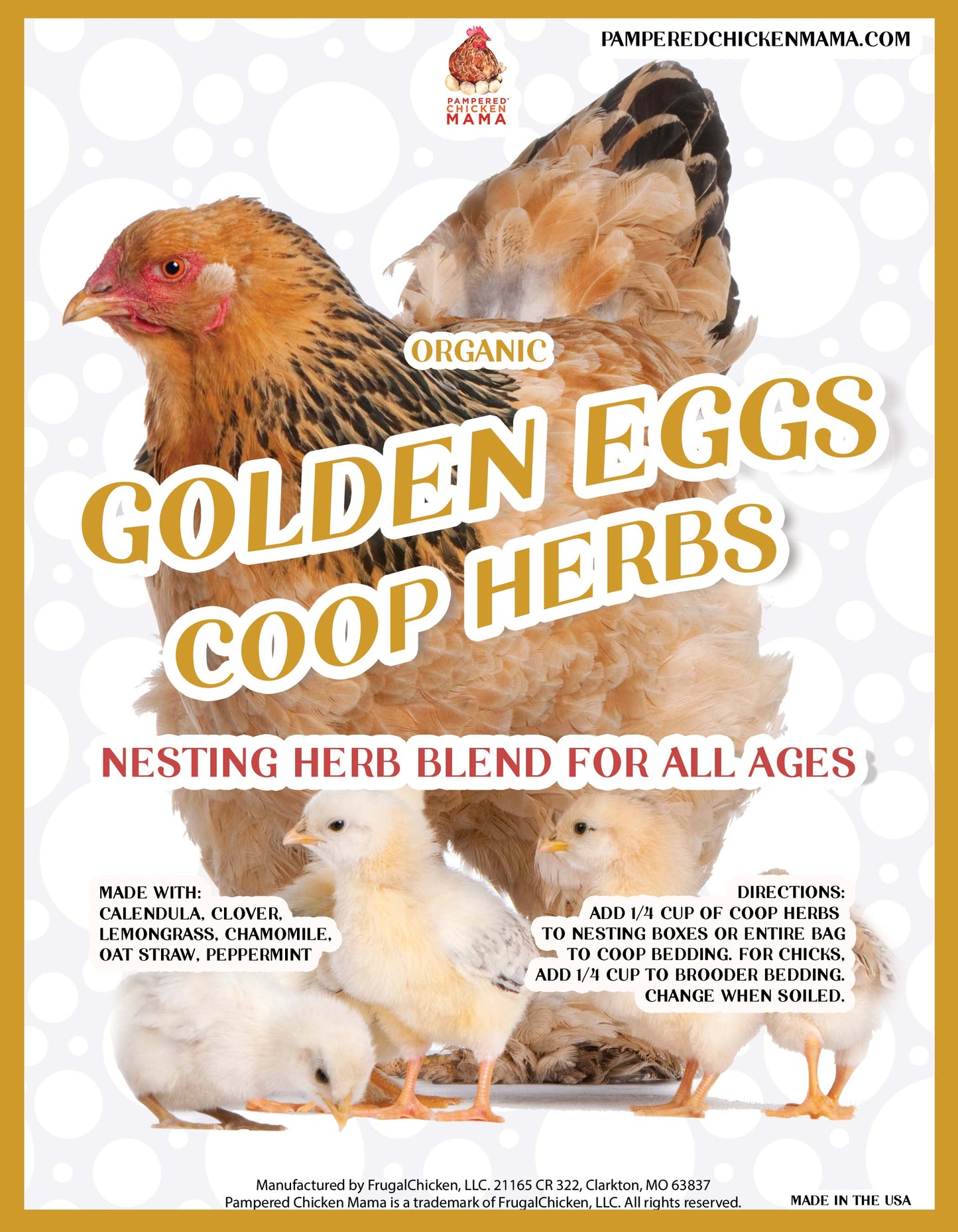 Golden Eggs organic nesting herb blend for chickens with calendula, chamomile, and peppermint, 10oz, 20oz, or 4lb.