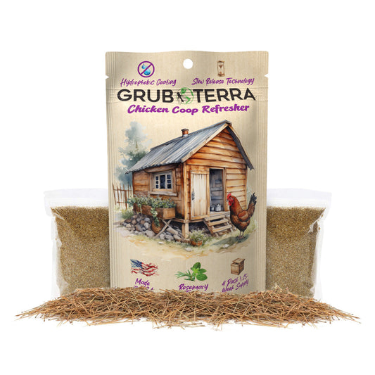GrubTerra Chicken Coop Refresher in Mint, 15-week formula, with natural bedding life extender and deodorizer features.