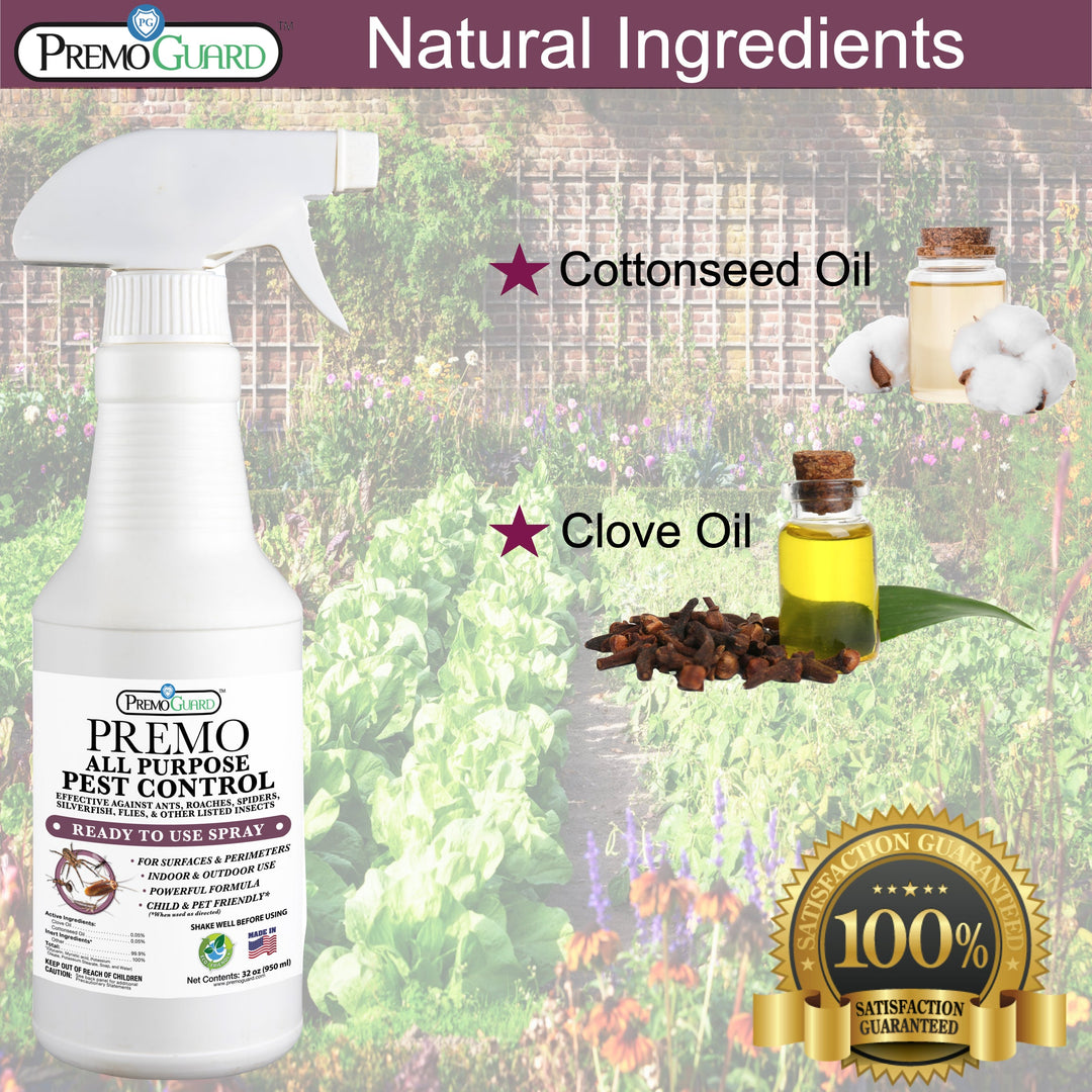 Spray Insecticida Multiusos - 32 oz - A base de plantas, Natural y No Tóxico - Por Premo Guard