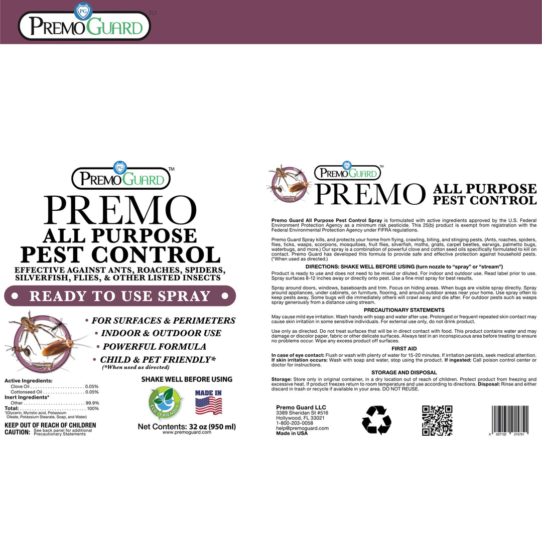 Spray Insecticida Multiusos - 32 oz - A base de plantas, Natural y No Tóxico - Por Premo Guard