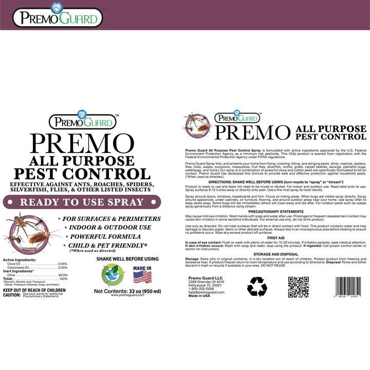 Spray Insecticida Multiusos - 32 oz - A base de plantas, Natural y No Tóxico - Por Premo Guard