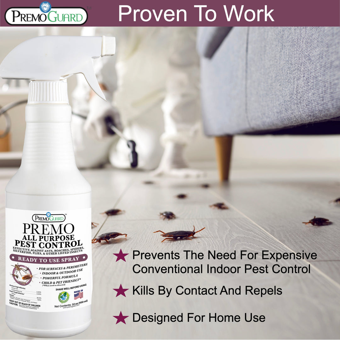 32 oz bottle of Premo Guard all-natural pest control spray in green and white design, non-toxic and plant-based