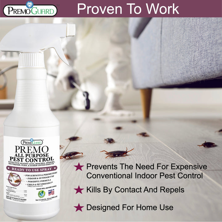 32 oz bottle of Premo Guard all-natural pest control spray in green and white design, non-toxic and plant-based