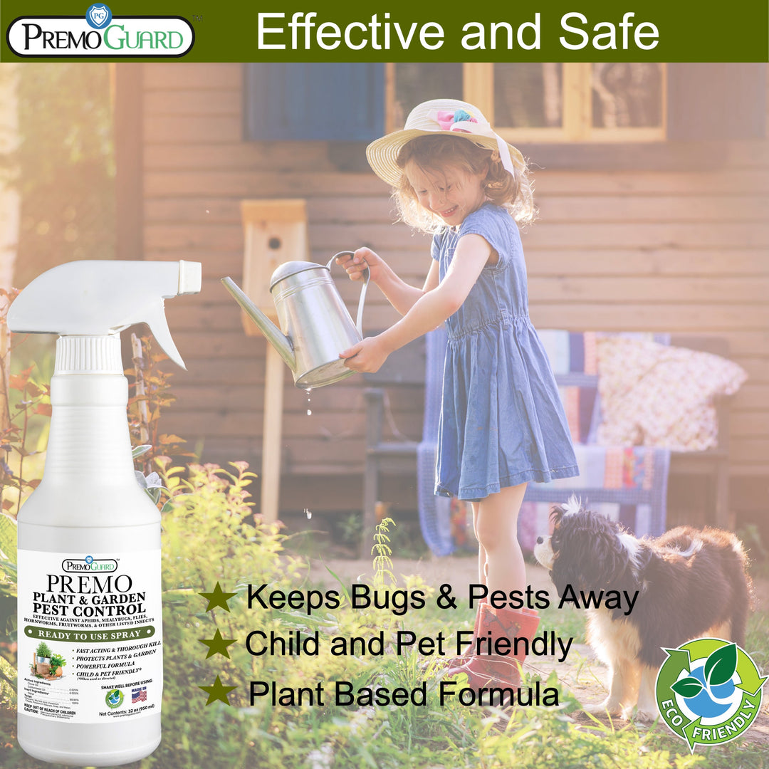 Premo Natural Plant Pest Control Spray, 32oz green bottle, organic non-toxic formula for effective garden pest prevention.