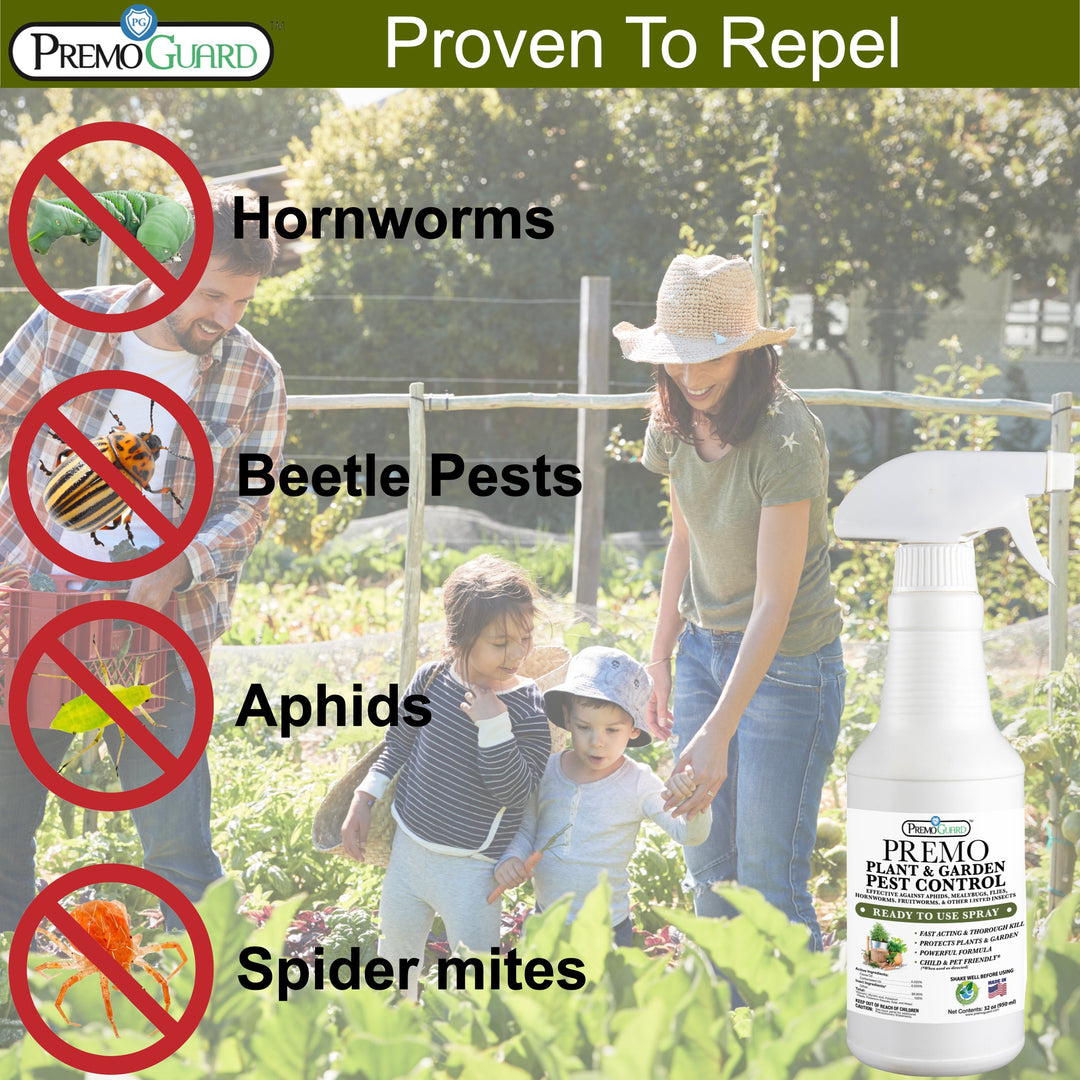 Premo Natural Plant Pest Control Spray 32oz bottle, organic formula for aphid control, essential oil-based, non-toxic.