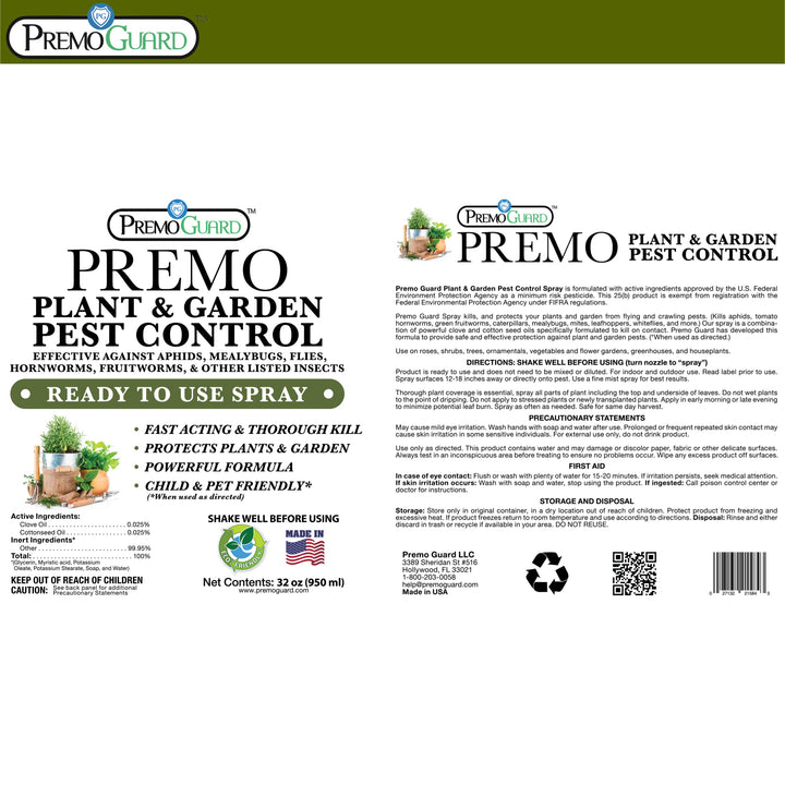 Spray para control de plagas de plantas y jardín - 947 ml - A base de plantas, totalmente natural, no tóxico - de Premo Guard