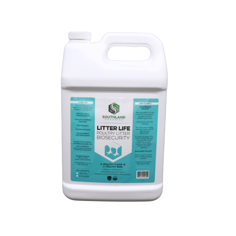 Southland Organics Litter Life Organic Poultry Litter Amendment in 2.5-gallon container, featuring beneficial microbes and c