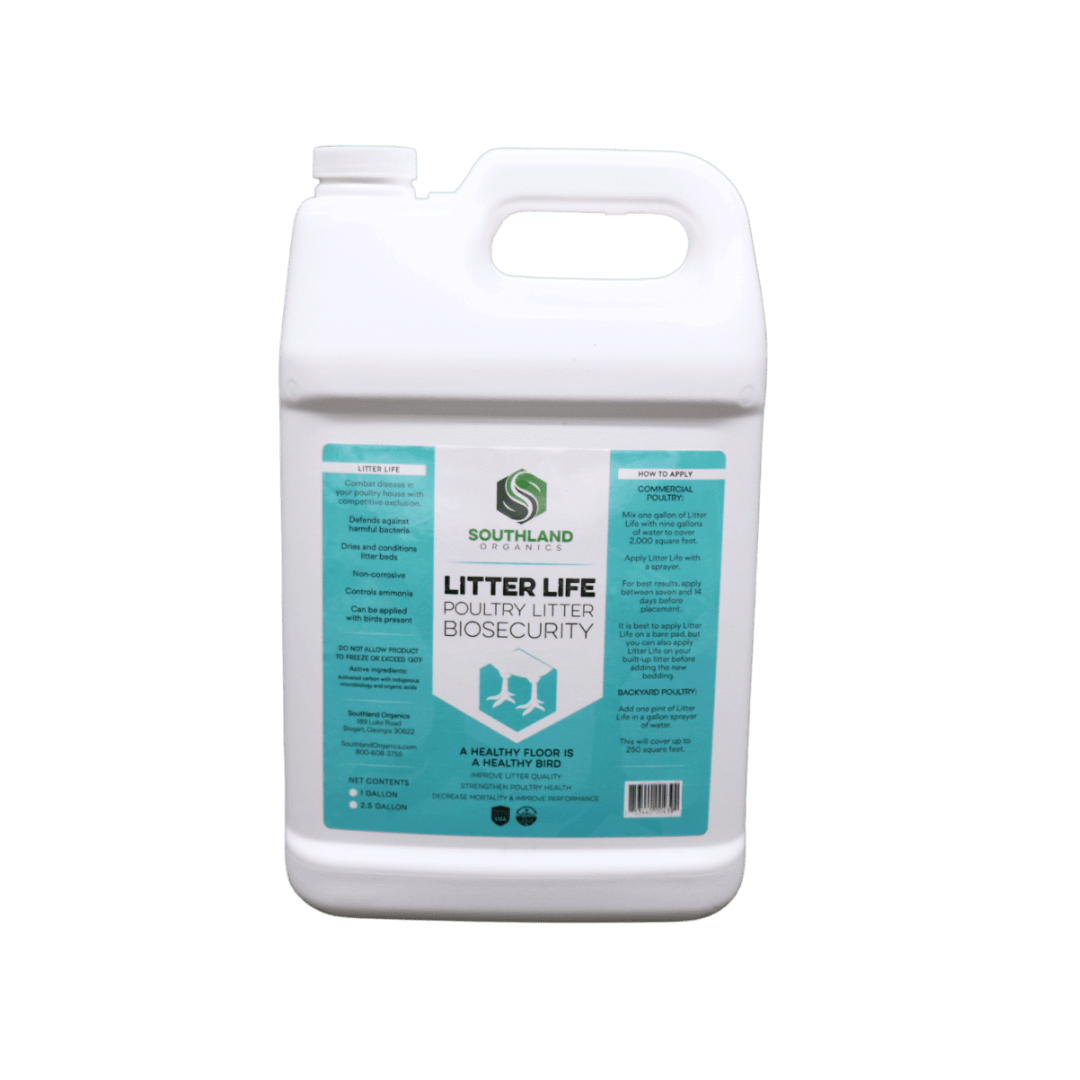 Southland Organics Litter Life Organic Poultry Litter Amendment in 2.5-gallon container, featuring beneficial microbes and c