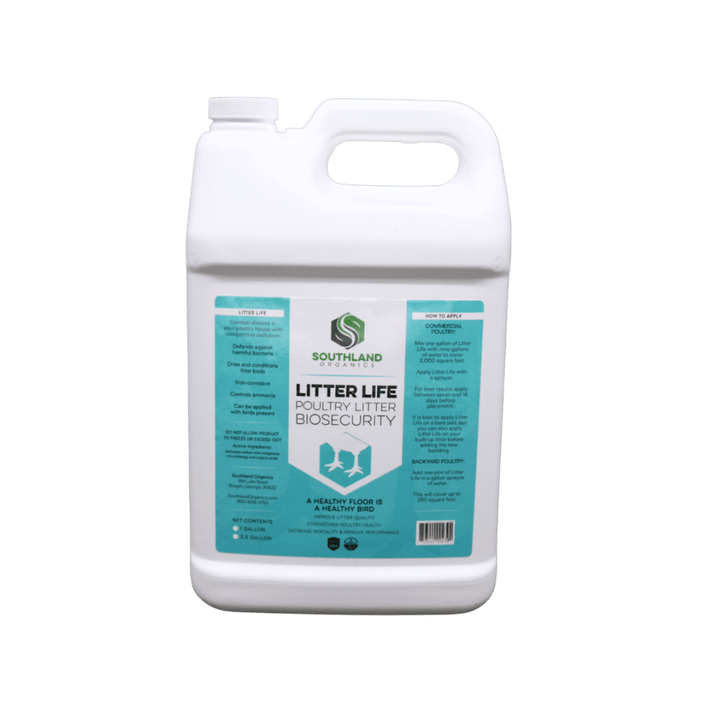 Southland Organics Litter Life Organic Poultry Litter Amendment in 2.5-gallon container, featuring beneficial microbes and c