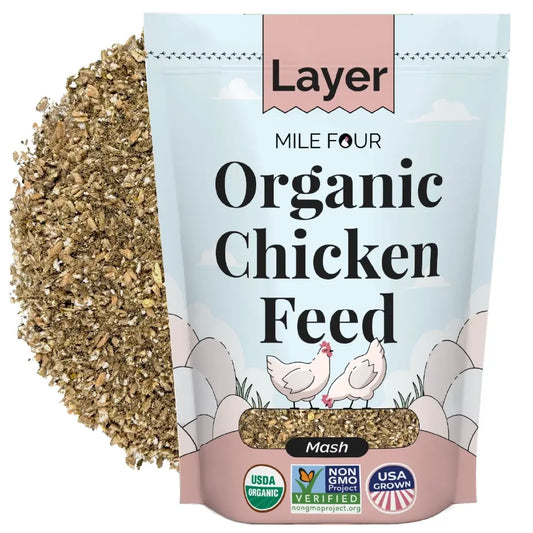 Mile Four organic layer chicken feed, corn-free, soy-free, non-GMO pellets, available in 2 lbs, 23 lbs, and 46 lbs sizes.