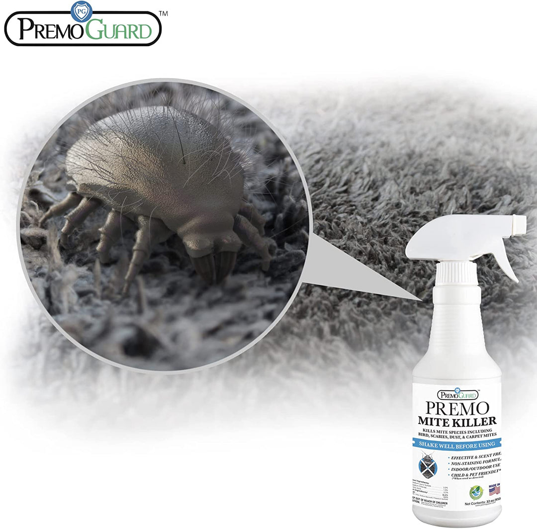 Premo Guard 32oz natural mite killer spray bottle for allergy relief, suitable for birds and carpets