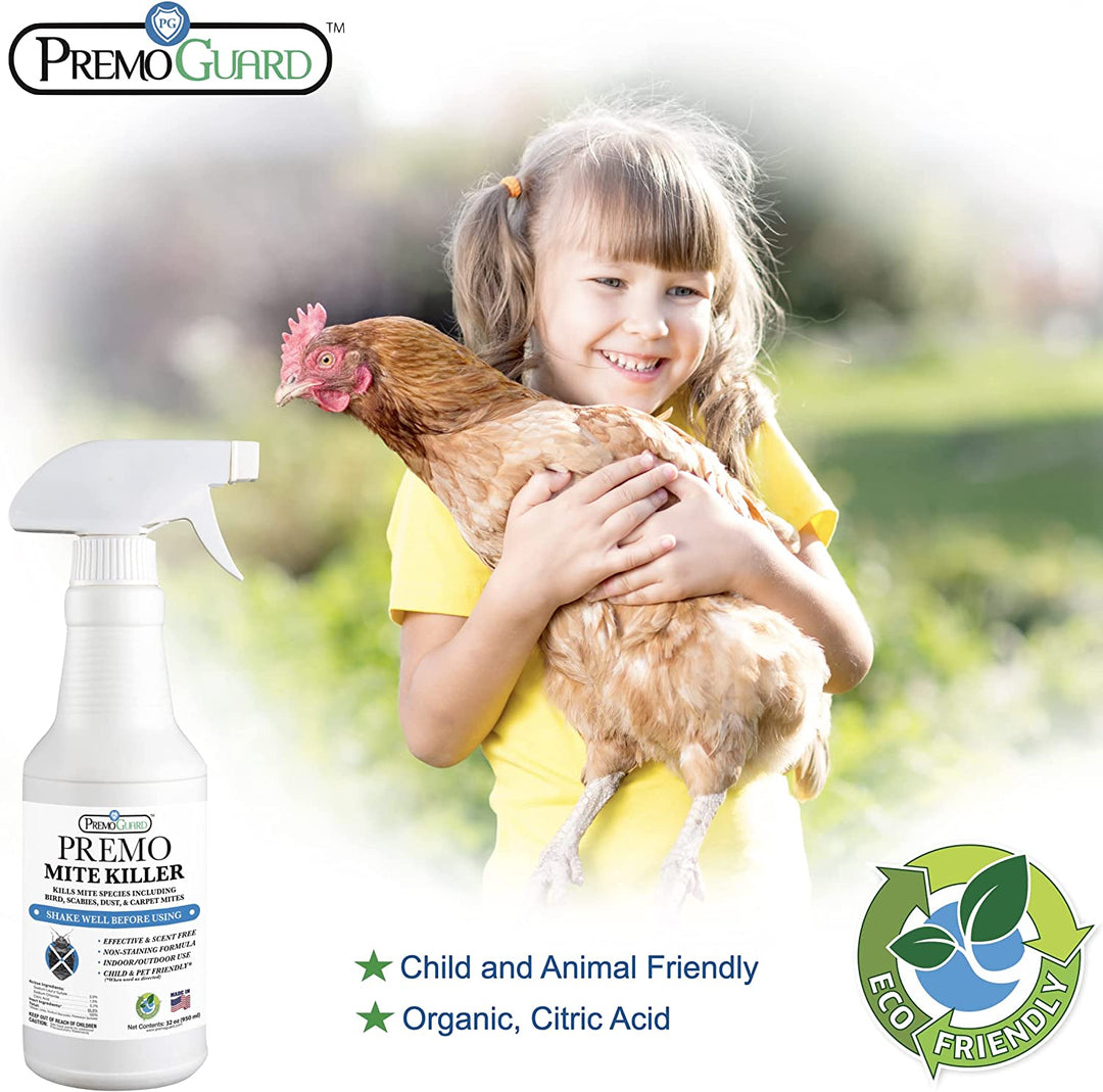 Premo Guard 32oz natural mite killer spray bottle, non-toxic, effective for bird and carpet mite treatment