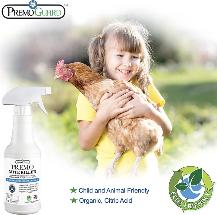 Premo Guard 32oz natural mite killer spray bottle, non-toxic, effective for bird and carpet mite treatment