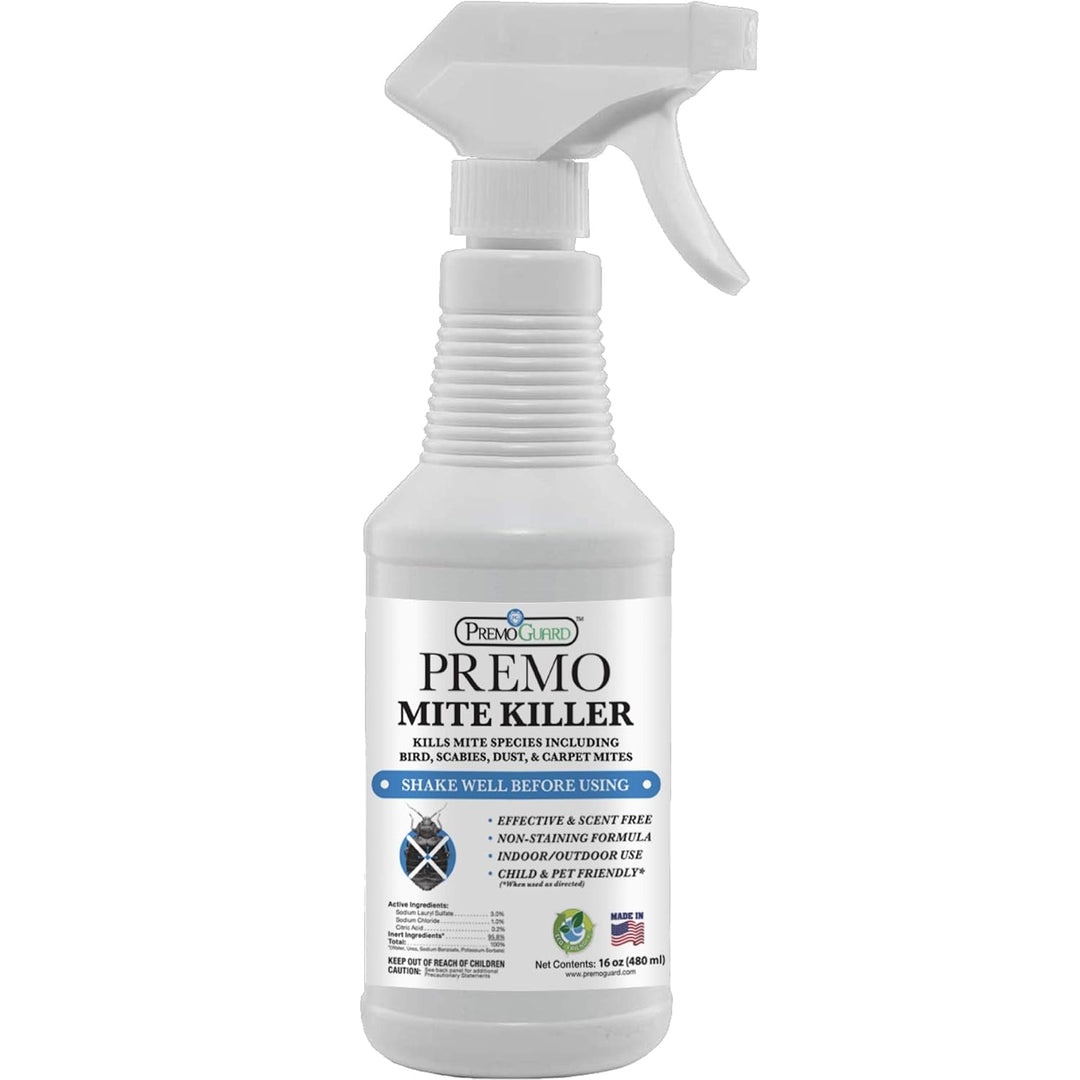 Premo Natural Products 16oz natural mite killer spray in a clear bottle for non-toxic bird and carpet mite control