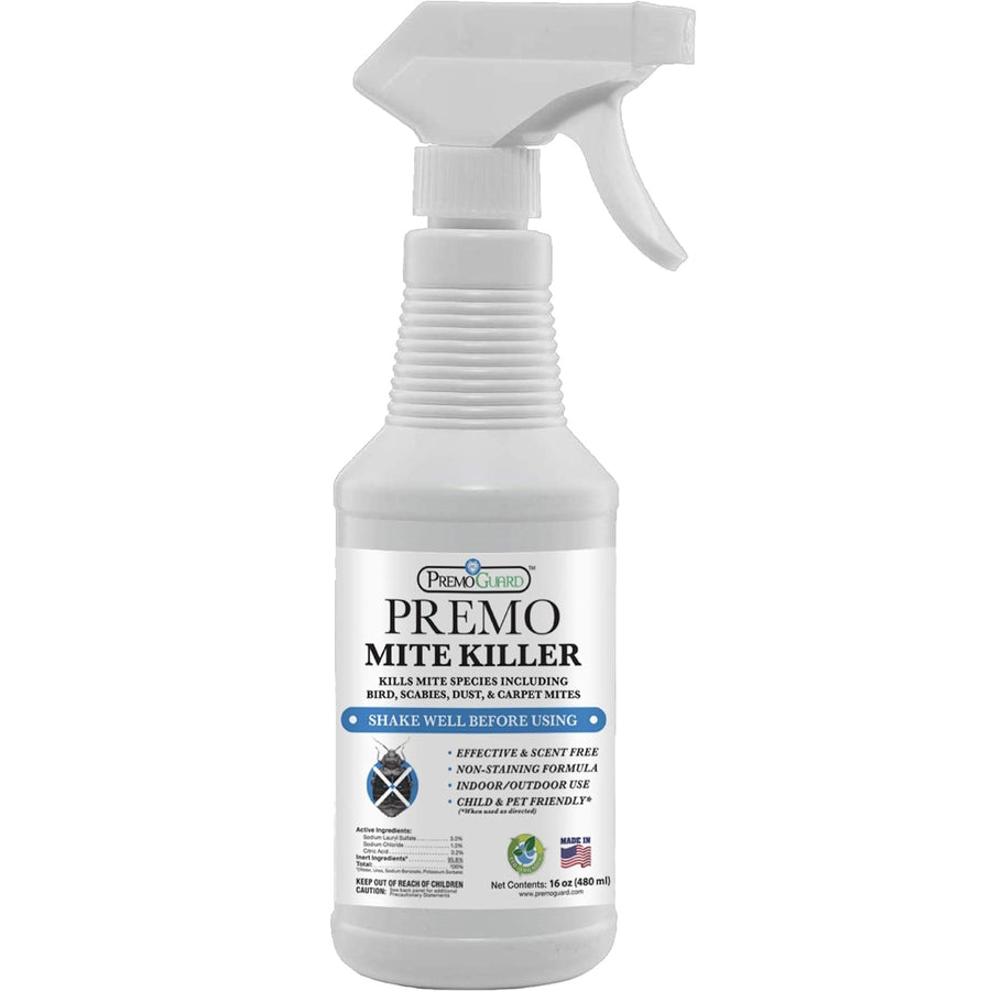 Premo Natural Products 16oz natural mite killer spray in a clear bottle for non-toxic bird and carpet mite control