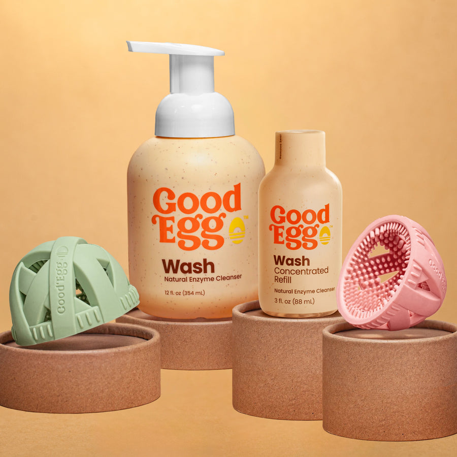 Silicone egg cleaning brushes and organic wash set by GoodEggStuff in varied sizes, ideal for backyard chicken supplies.