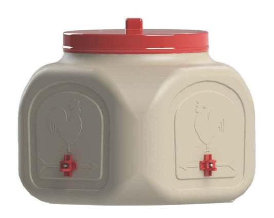 BPA-free 5-gallon chicken waterer by OverEZ, compact design with nipple drinker system for backyard coops.