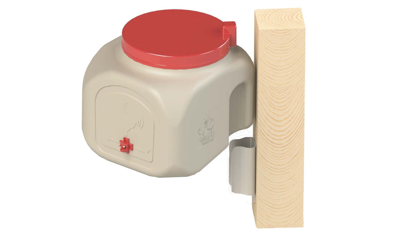 BPA-free 5-gallon chicken waterer with red lid and automatic nipple drinker system by OverEZ Chicken Coop.