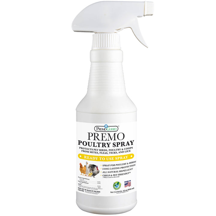 32oz plant-based poultry spray by Premo, designed for mite control in chicken coops.